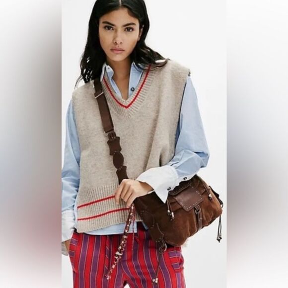 Free People We The Free Suede Leather Silvie Studded Sling Cognac Brown Bag NWT - Picture 2 of 7